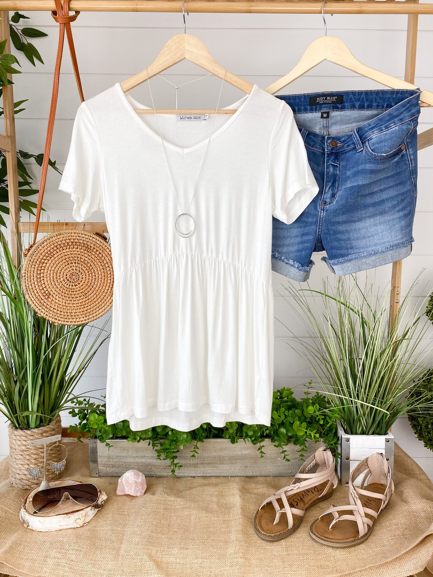 Michelle Mae Sarah Ruffle Top in Ivory with short sleeves and flowy fit