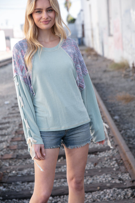 Mint Lace Up Long Sleeve French Terry Oversized Pullover