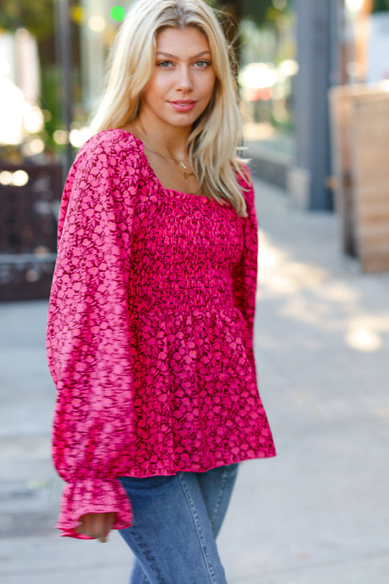 Always With You Fuchsia Smocked Ditzy Floral Ruffle Top