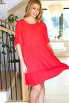 Feeling Bold Red Woven Panel Tiered Fluter Sleeve Dress