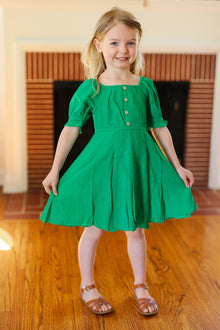  Adorable Green Button Square Neck Ruche Back Dress