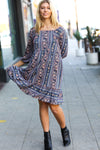 Lovely In Navy Floral Stripe Babydoll Ruffle Pocketed Dress