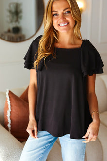  Black Double Ruffle Sleeve Square Neck Ribbed Top