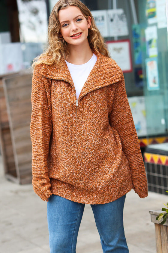 Perfectly You Rust Two Tone Half Zip Collared Knit Sweater