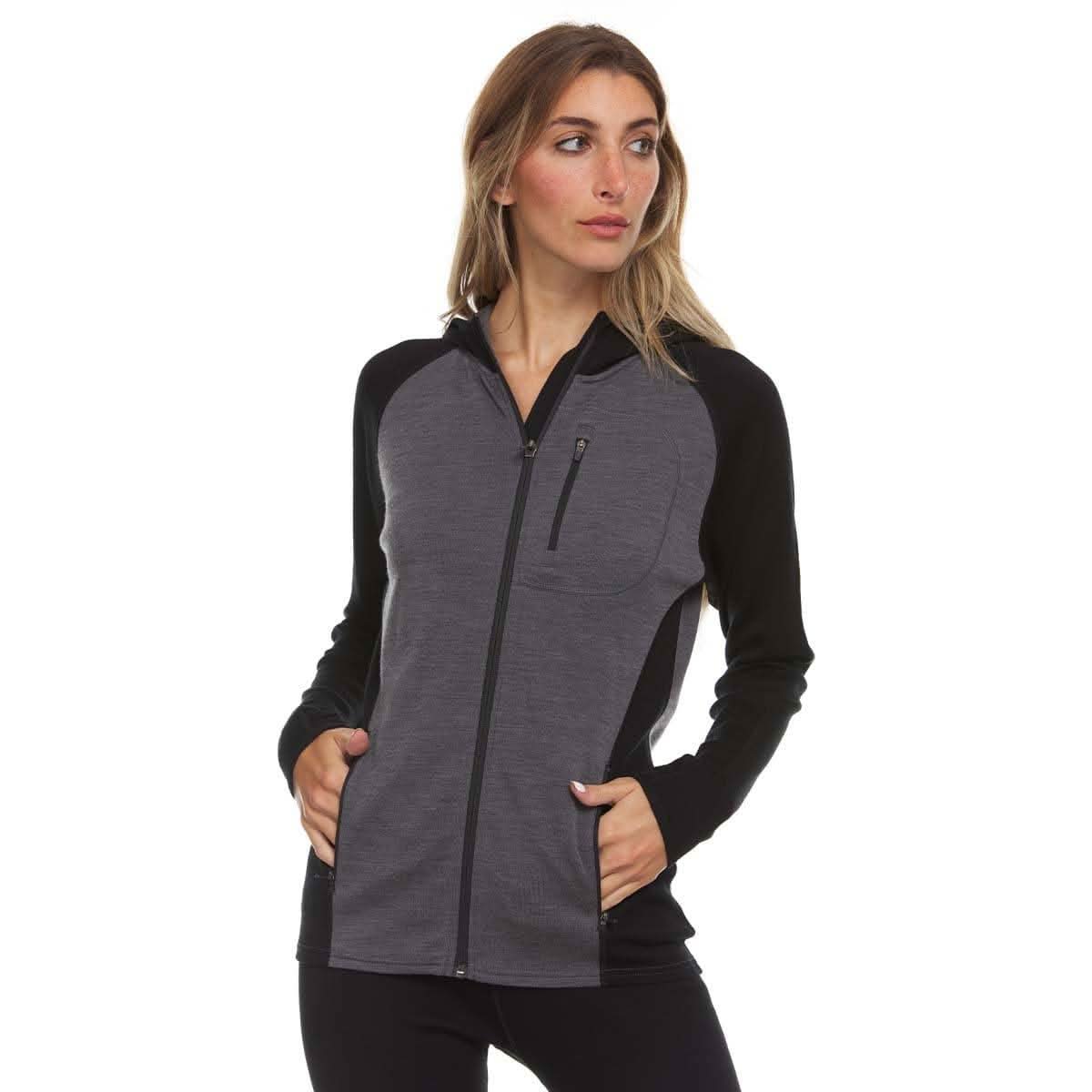Minus33 Women’s Trailbreaker Merino Wool Hoodie, color‑blocked with zip and thumbholes