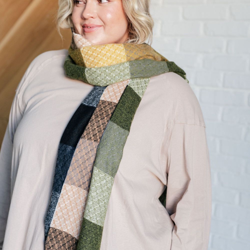 
                      
                        Keep Me Cozy Checkered Fringe Scarf in Woodland Shades
                      
                    