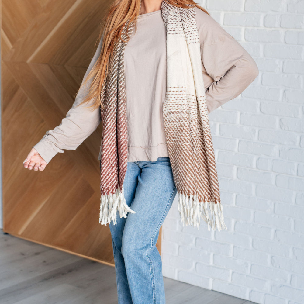 
                      
                        Cold Front Fringe Scarf in Coffee and Red
                      
                    