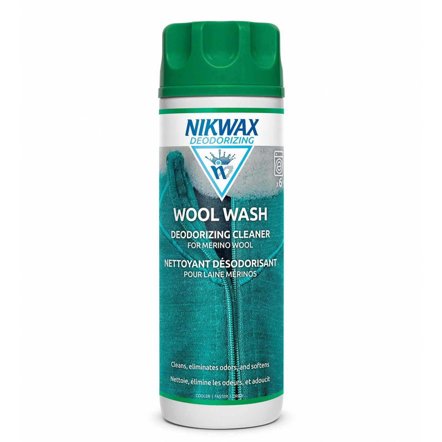 Bottle of Nikwax Wool Wash deodorizing cleaner for merino wool garments