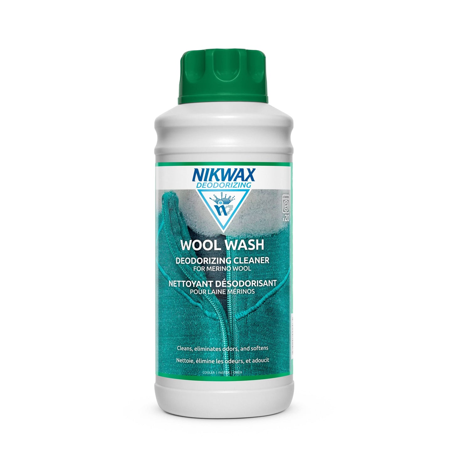 Bottle of Nikwax Wool Wash deodorizing cleaner for merino wool garments