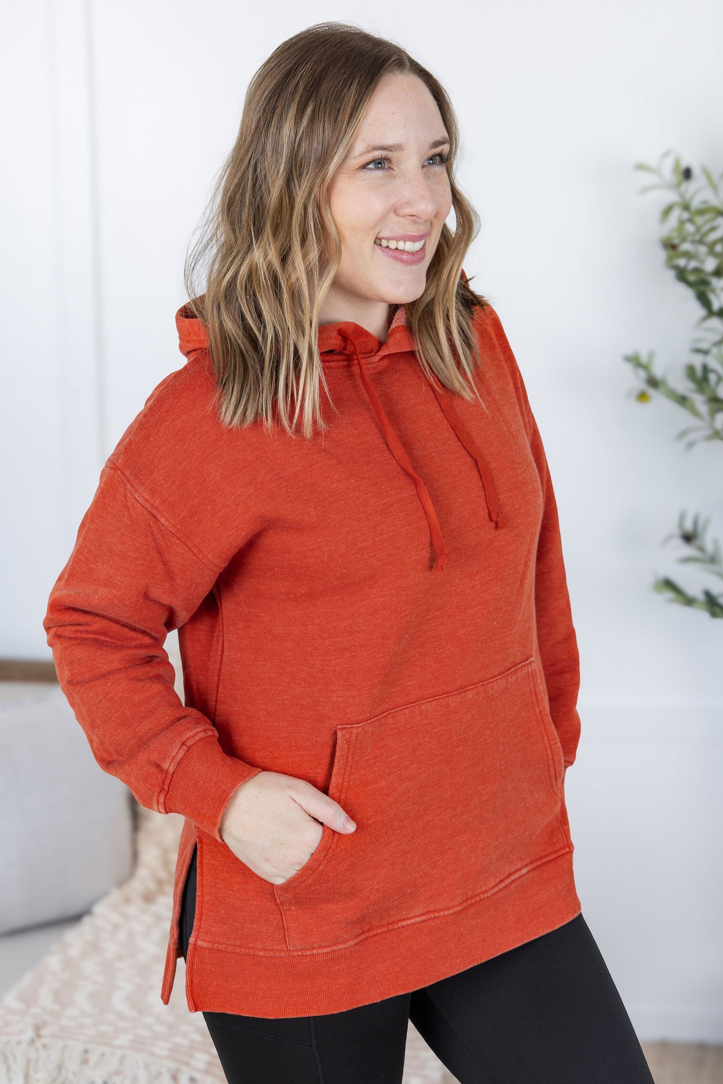Michelle Mae rust vintage wash hoodie with kangaroo pocket and side slits
