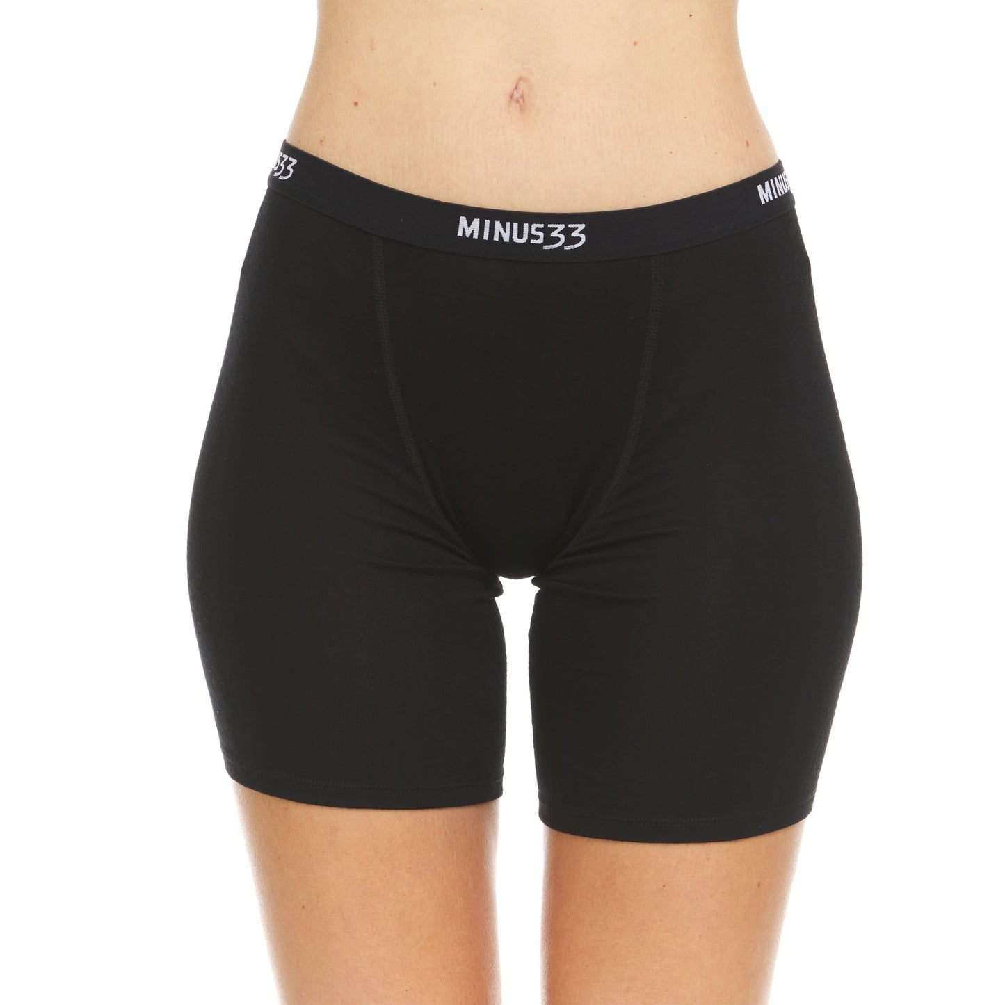 Front view of women’s black merino wool boxer briefs with 5-inch inseam