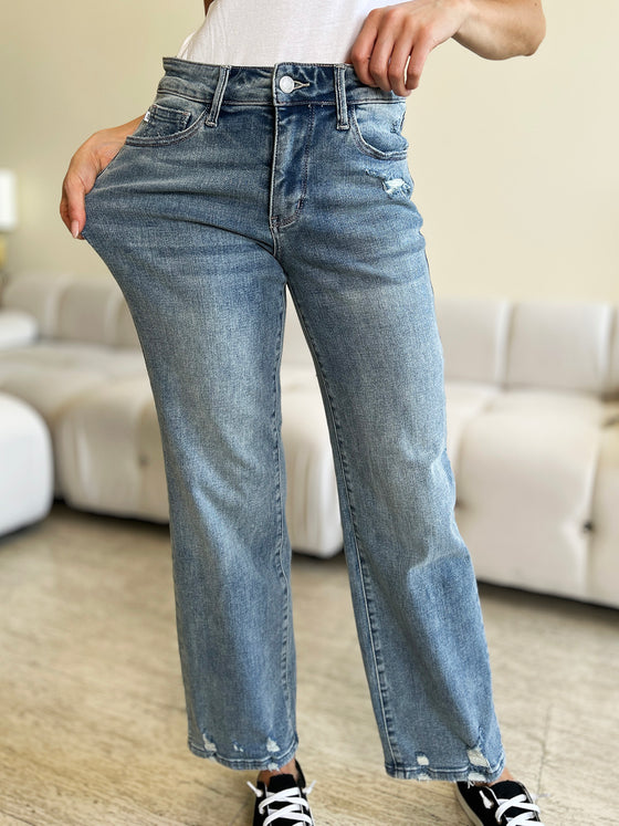 High Waist Distressed Straight Jeans