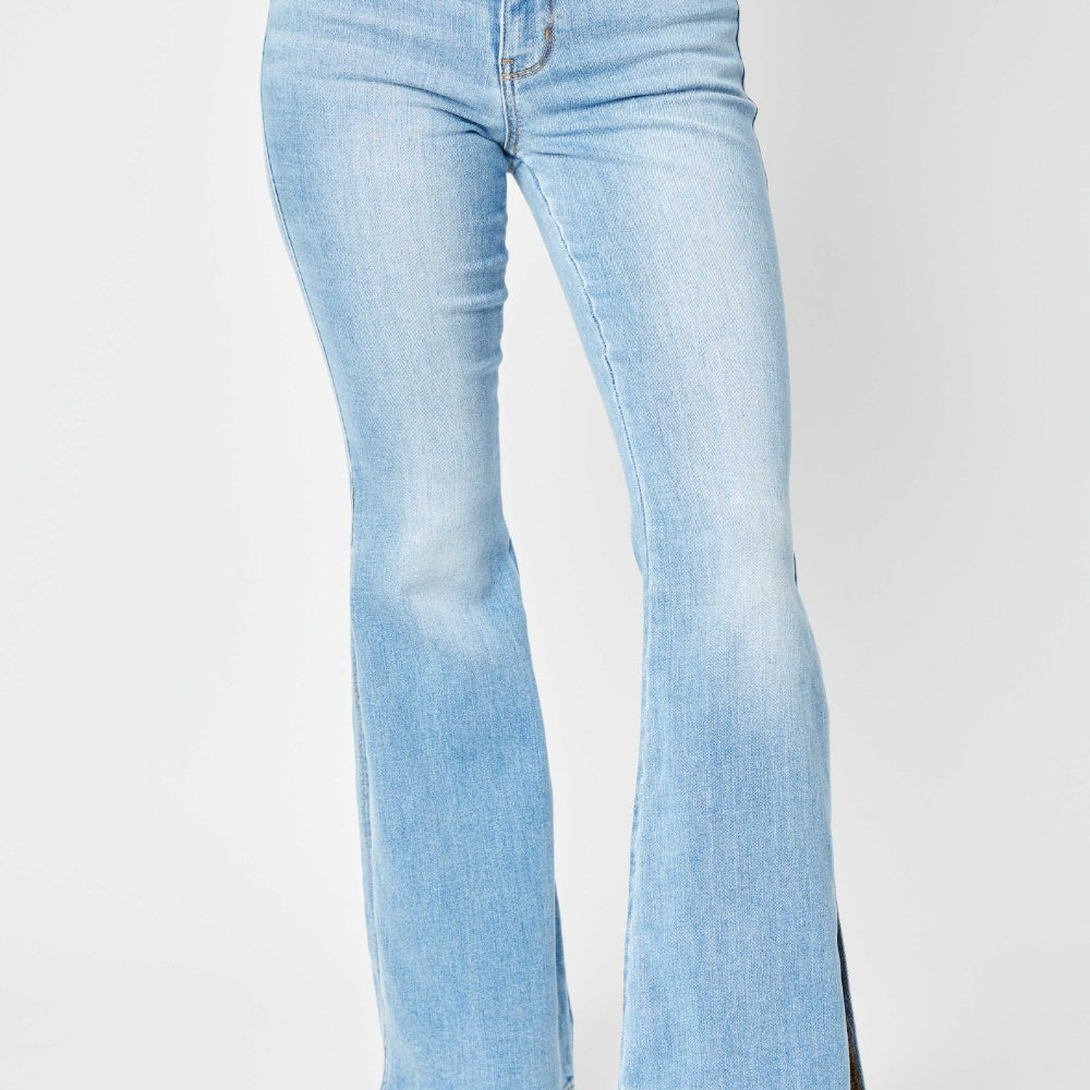 
                      
                        Judy Blue Mid Rise Raw Hem Slit Flare Jeans
                      
                    