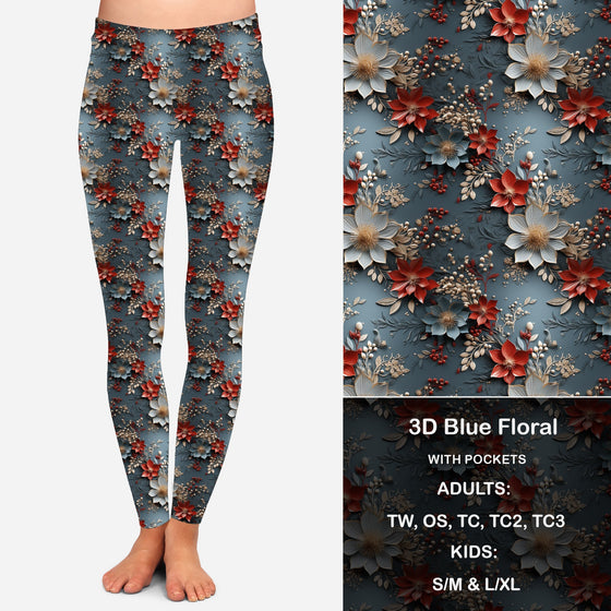 3D Blue Floral Leggings with Pockets