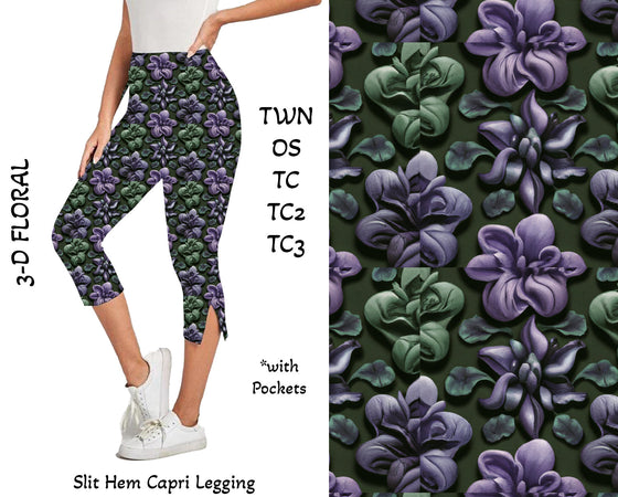3D Floral Side Slit Hem Capri Leggings with Pockets