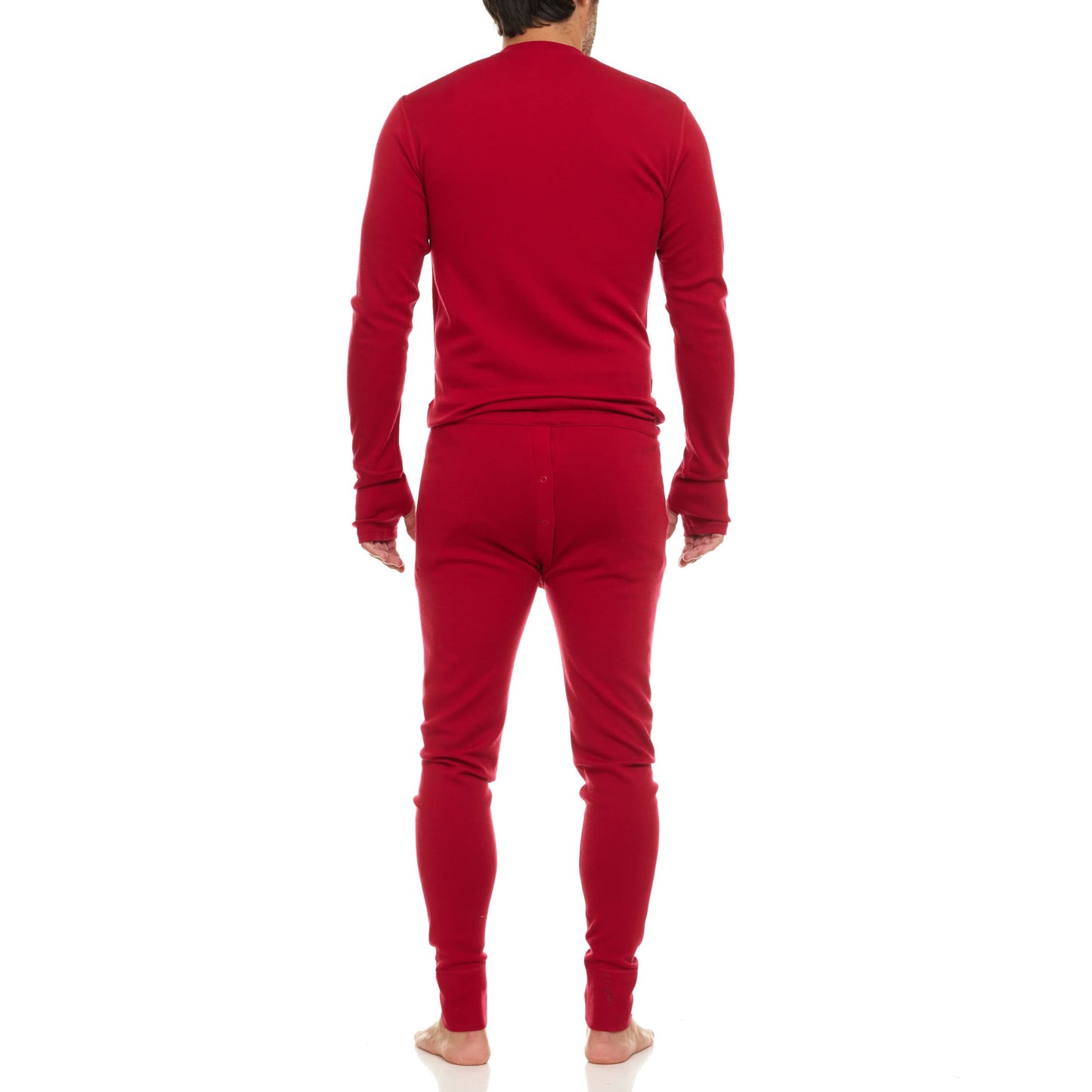 Minus33 bright red Union Suit in midweight Merino wool with button front and thumbholes