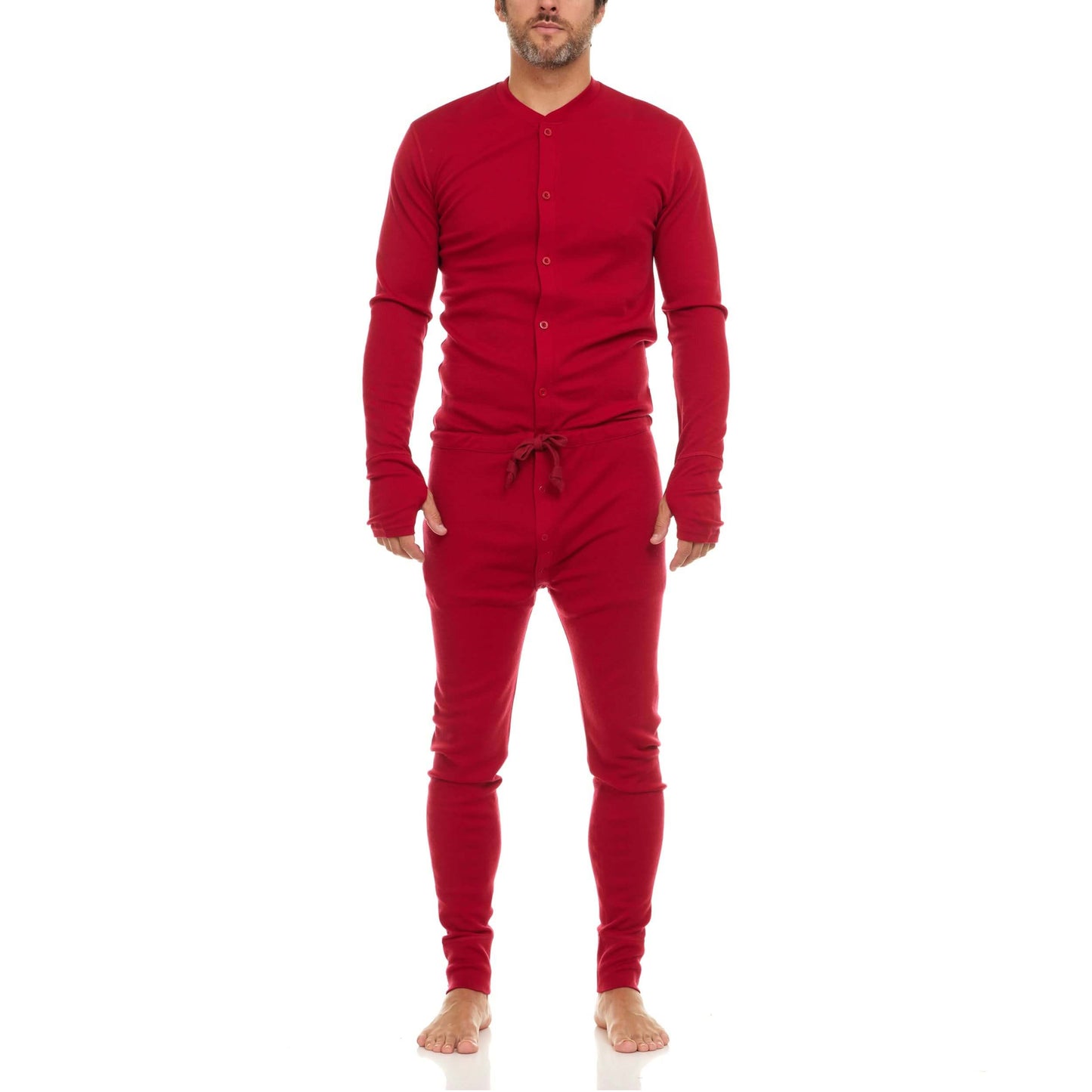 Minus33 bright red Union Suit in midweight Merino wool with button front and thumbholes