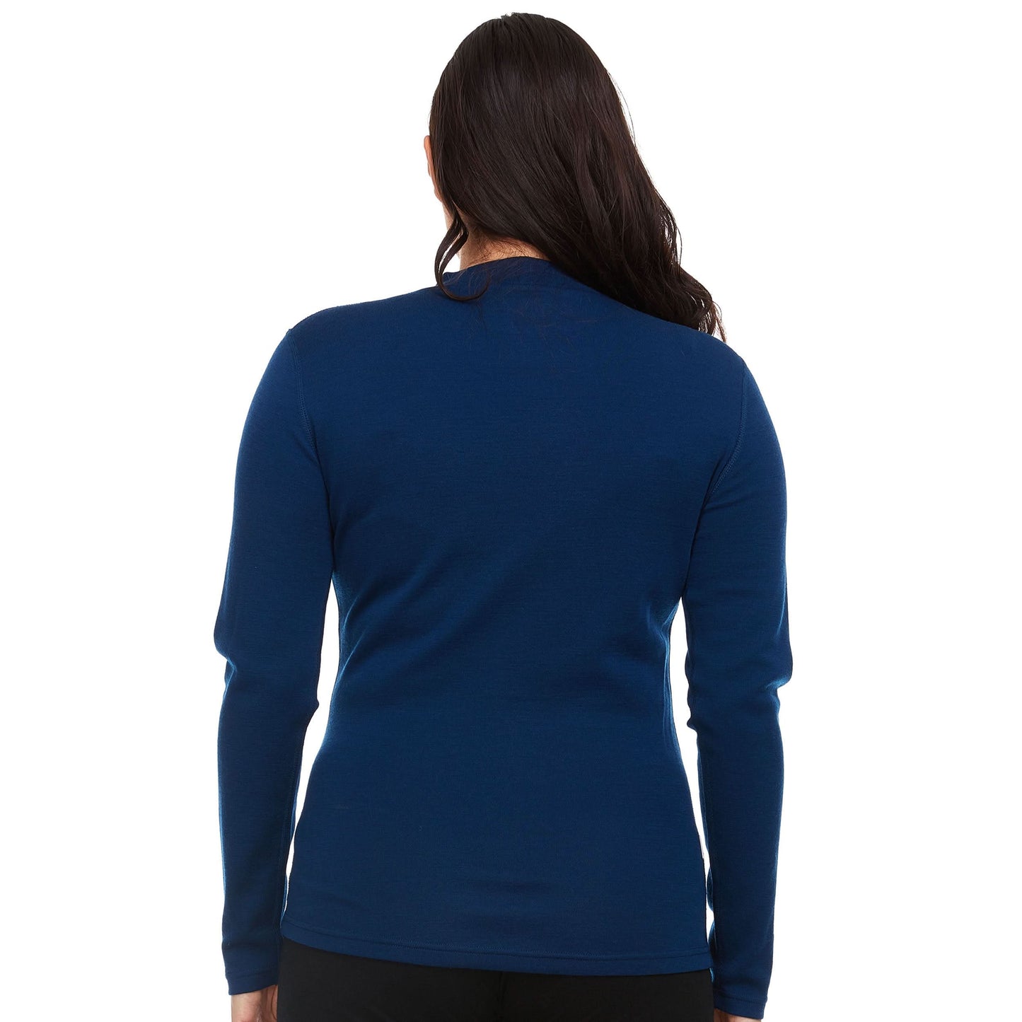 Person wearing a blue long-sleeve shirt on a white background
