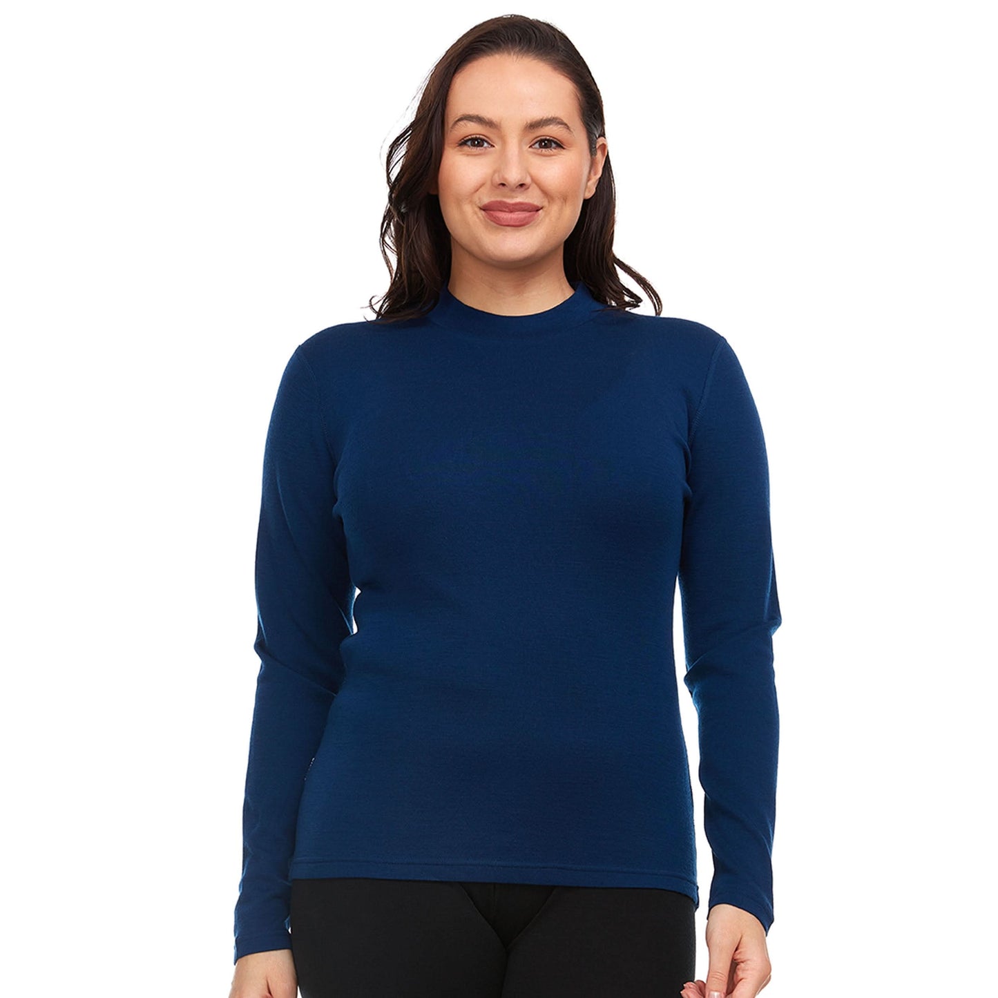 Woman wearing a blue long-sleeve top on a white background