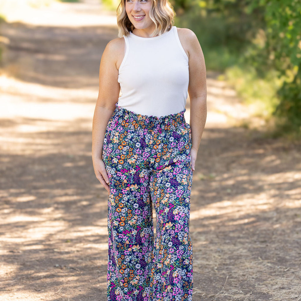 palazzo pants navy and pink floral wide leg woments pants