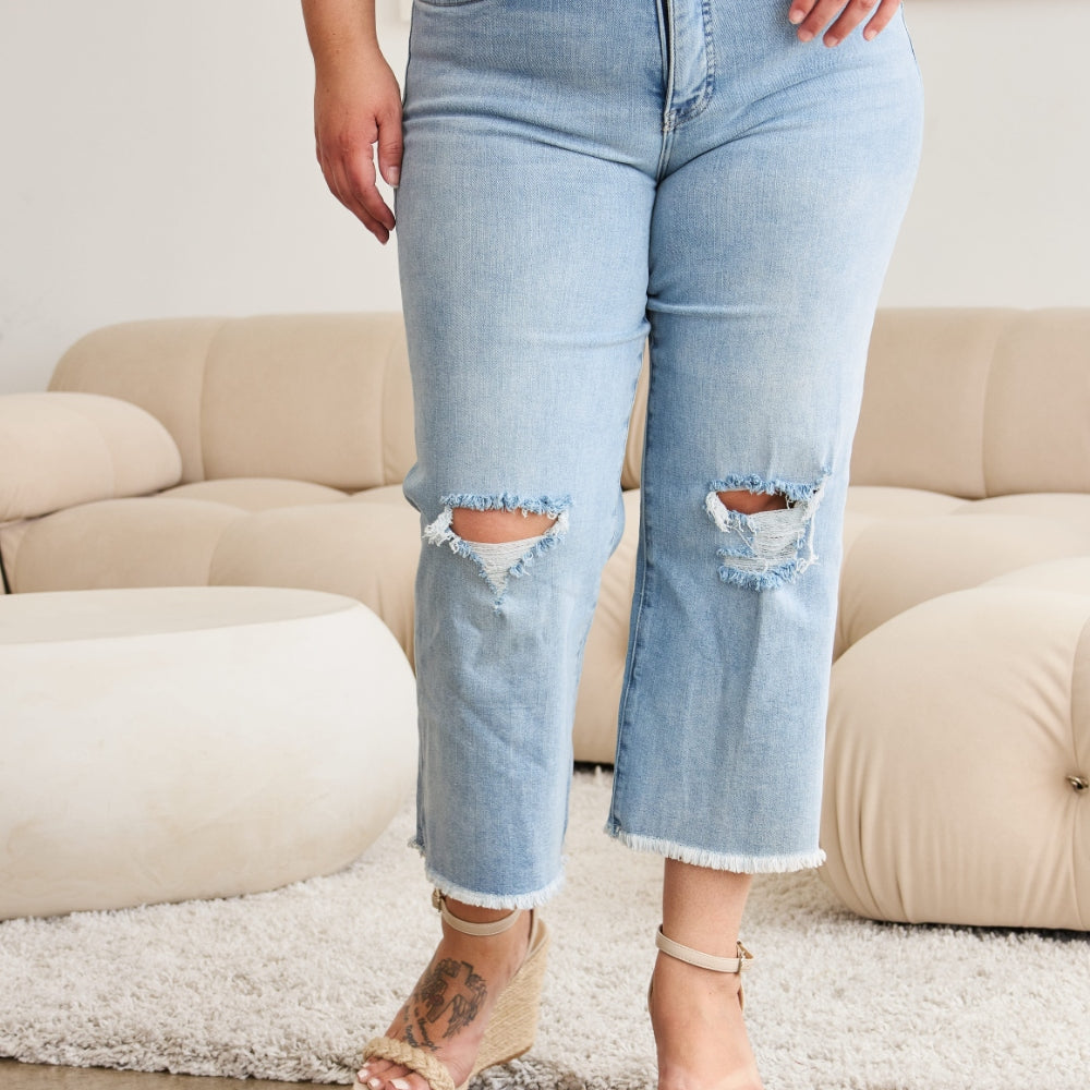 
                      
                        Tummy Control High Waist Raw Hem Distressed Jeans
                      
                    