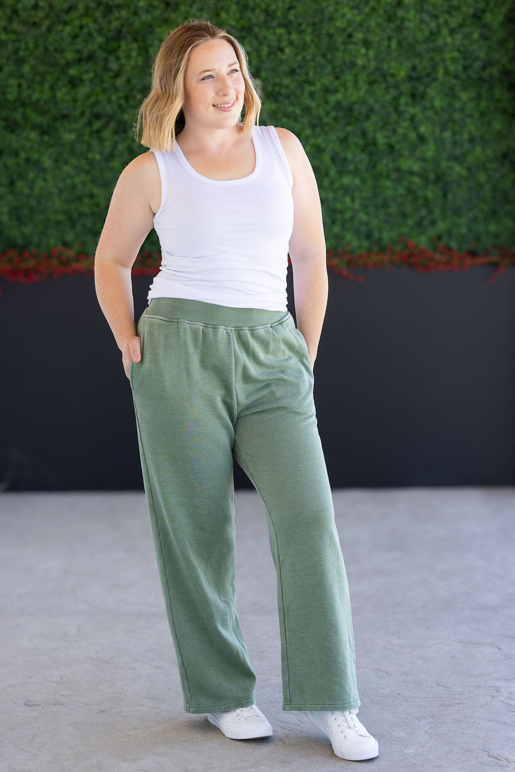 Michelle Mae olive wide leg lounge pants with vintage wash and pockets