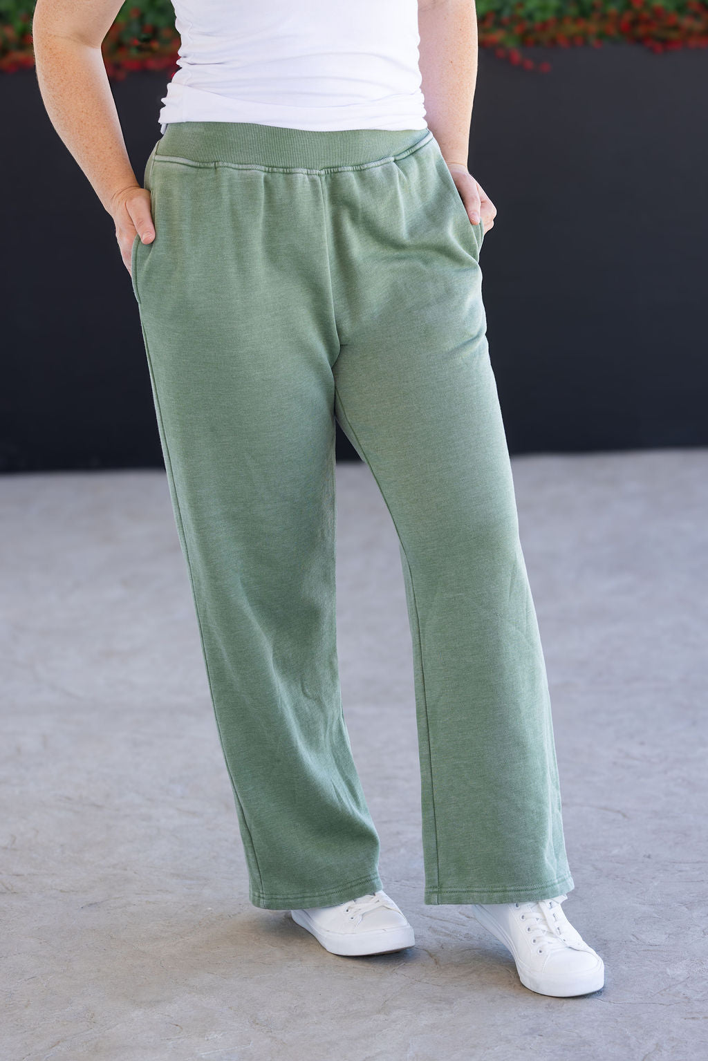 Michelle Mae olive wide leg lounge pants with vintage wash and pockets