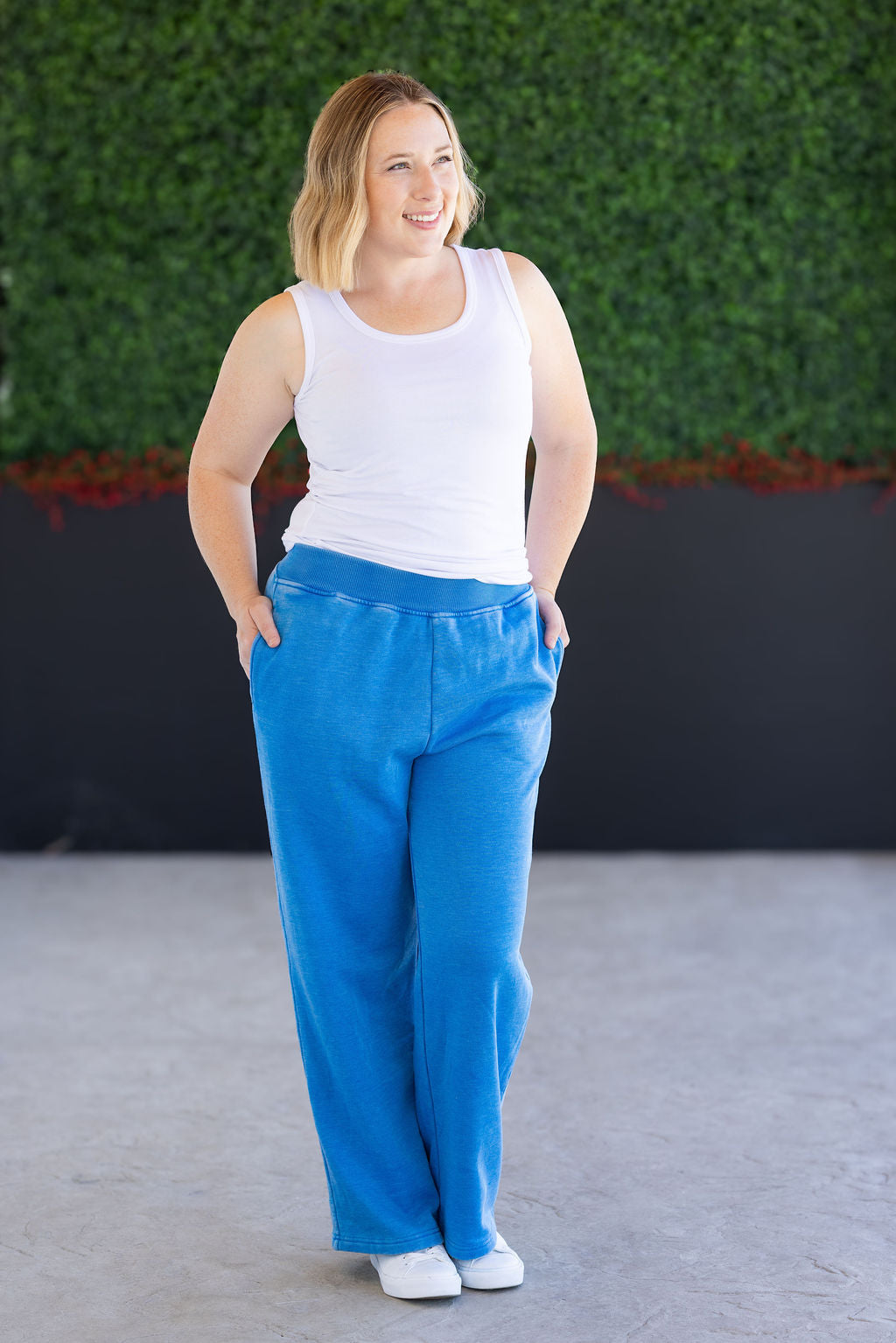 Michelle Mae winter blue wide leg lounge pants with vintage wash and pockets