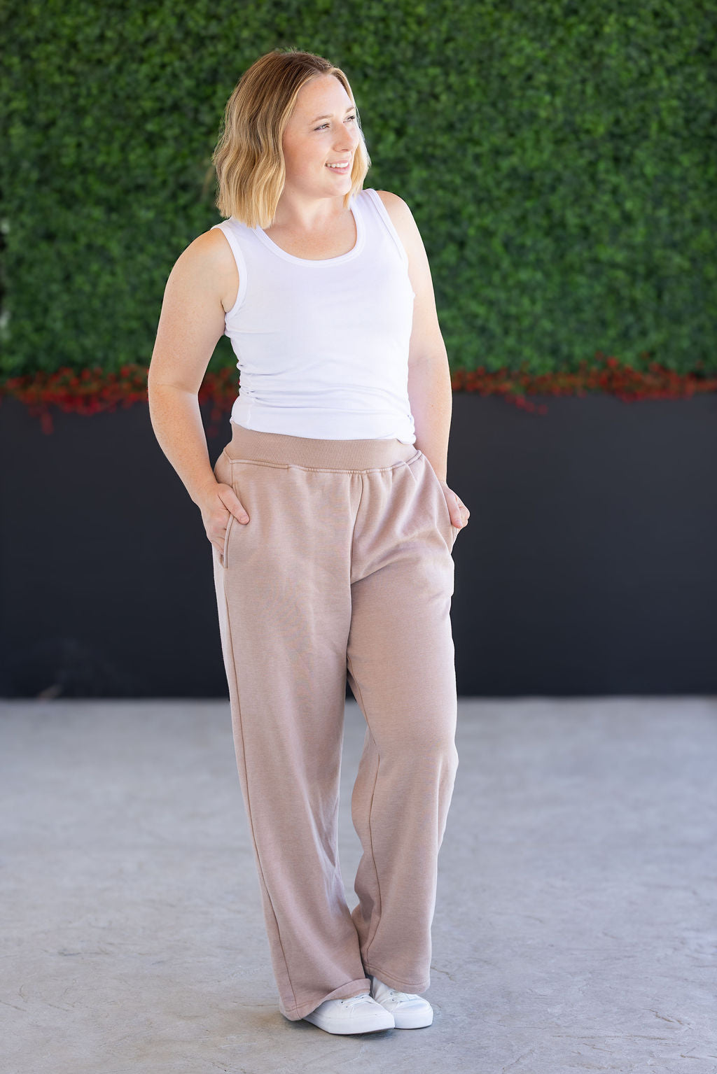 Michelle Mae tan wide leg lounge pants with vintage wash and pockets
