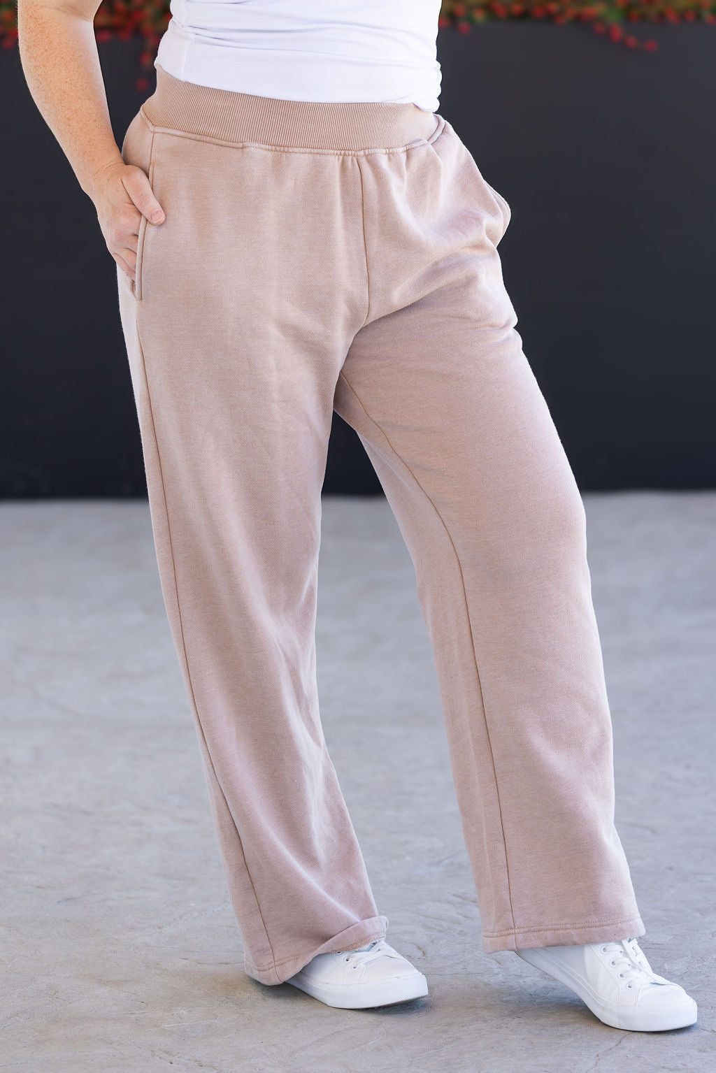 Michelle Mae tan wide leg lounge pants with vintage wash and pockets