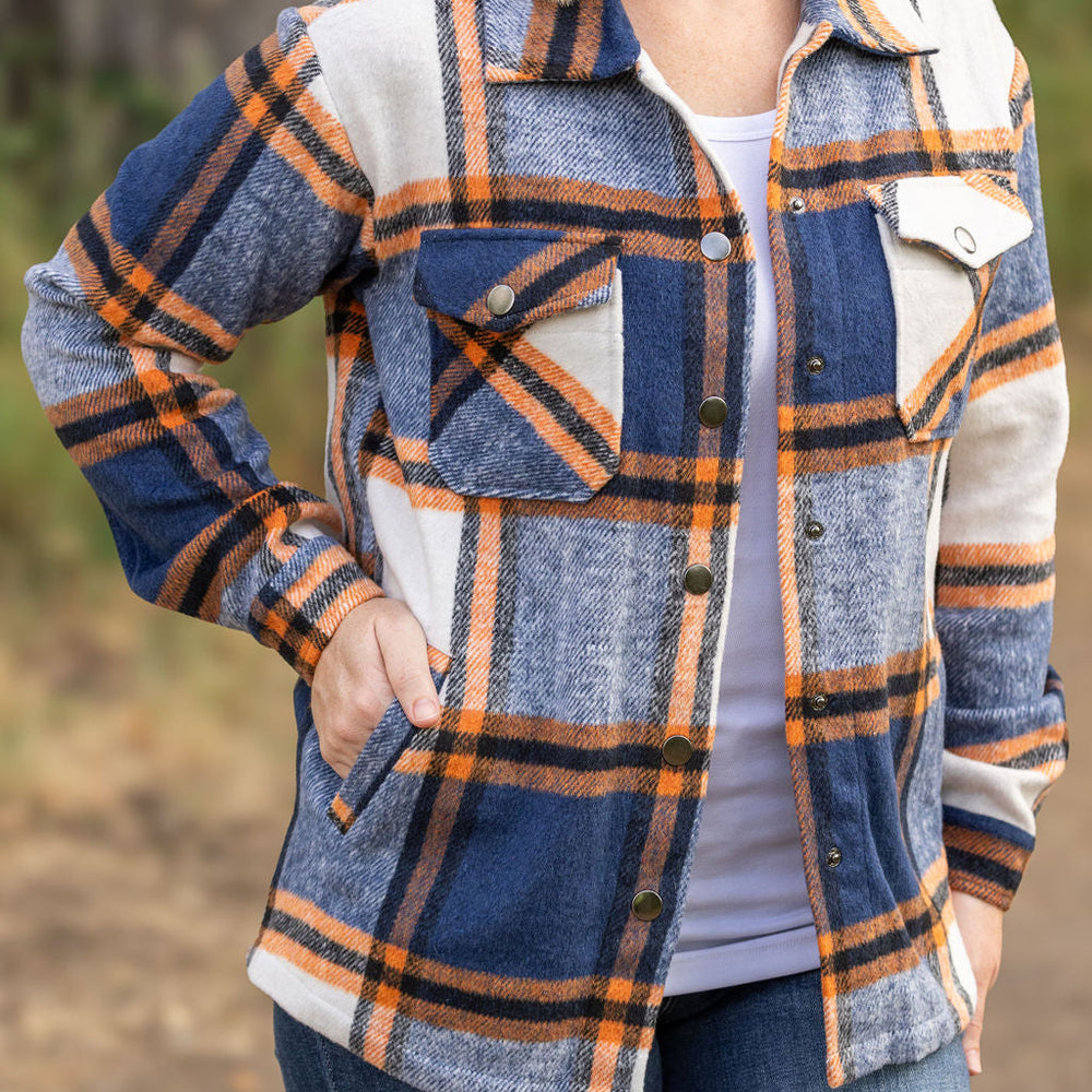 
                      
                        Norah Plaid Shacket - Navy and Orange
                      
                    