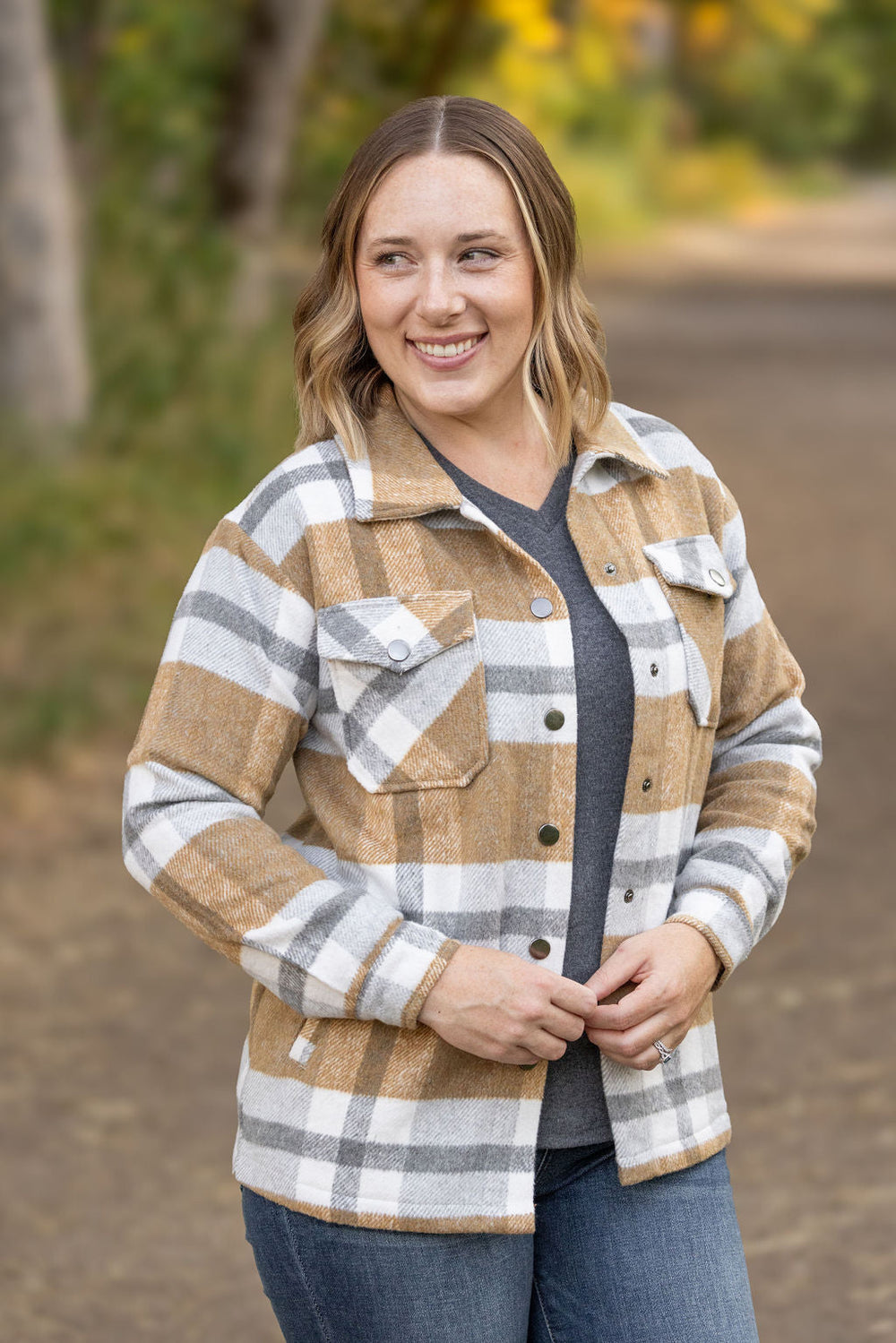 Norah Plaid Shacket - Camel and Grey