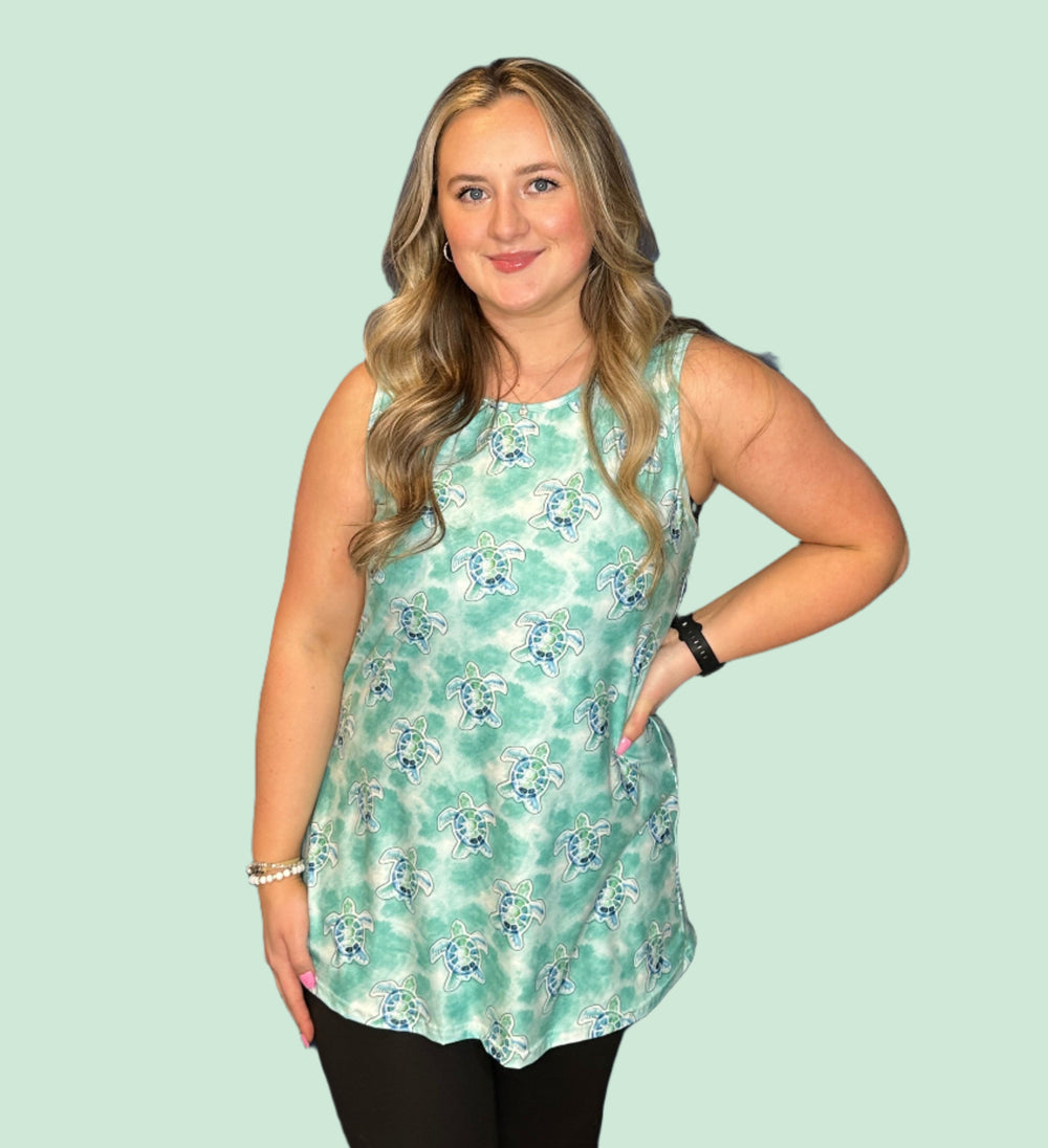 Teal Sea Turtle Flowy Tank Top