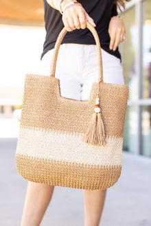  Michelle Mae Scoop Top Bucket Bag - Tan with Cream Stripe