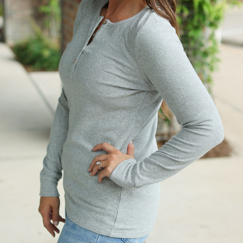 
                      
                        Brielle Henley Ribbed Long Sleeve - Light Grey
                      
                    