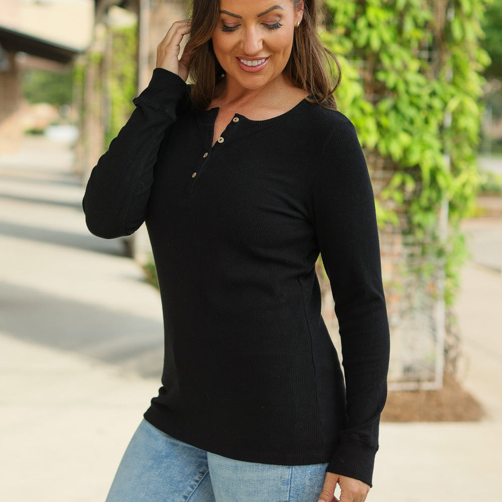 
                      
                        Brielle Henley Ribbed Long Sleeve - Black
                      
                    