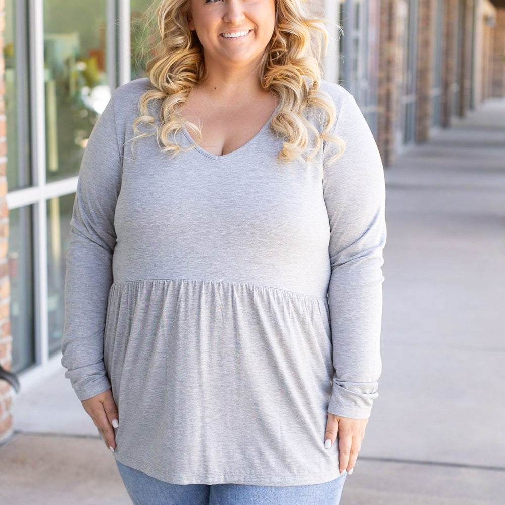 
                      
                        Long Sleeve Sarah Ruffle - Light Grey | Women's Top 
                      
                    