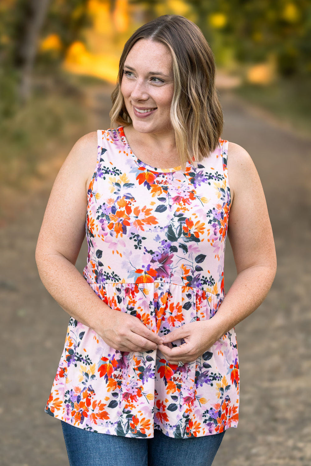 Renee Ruffle Tank - Fall Floral Leaves