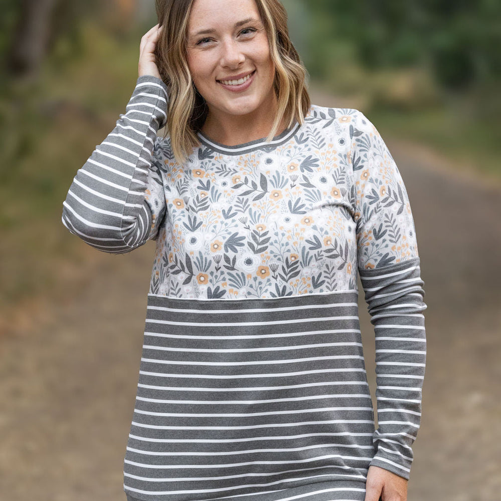 
                      
                        Natalie Pullover - Boho Olive Floral and Stripes
                      
                    