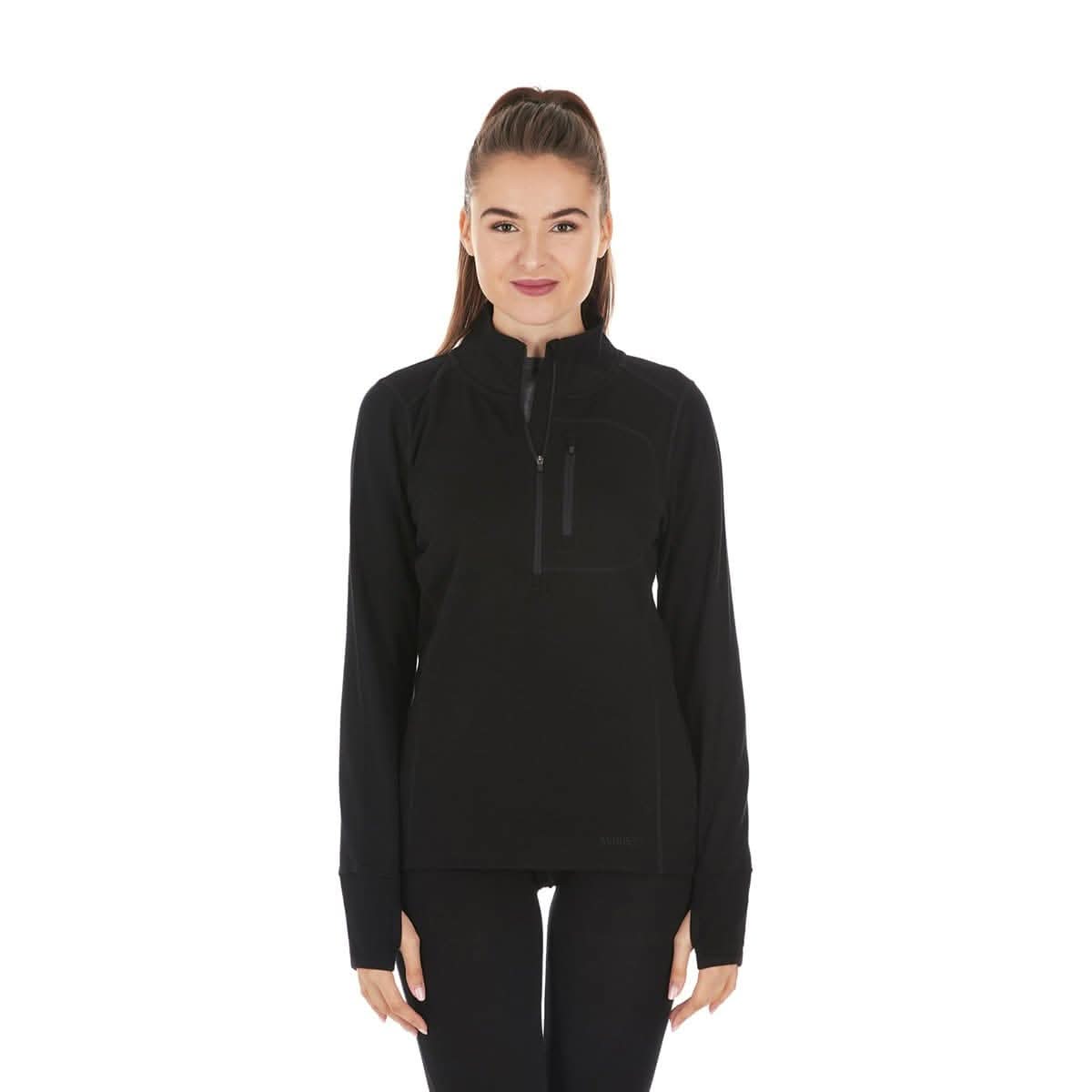 Woman wearing black merino wool 1/4 zip pullover with chest pocket and thumbholes
