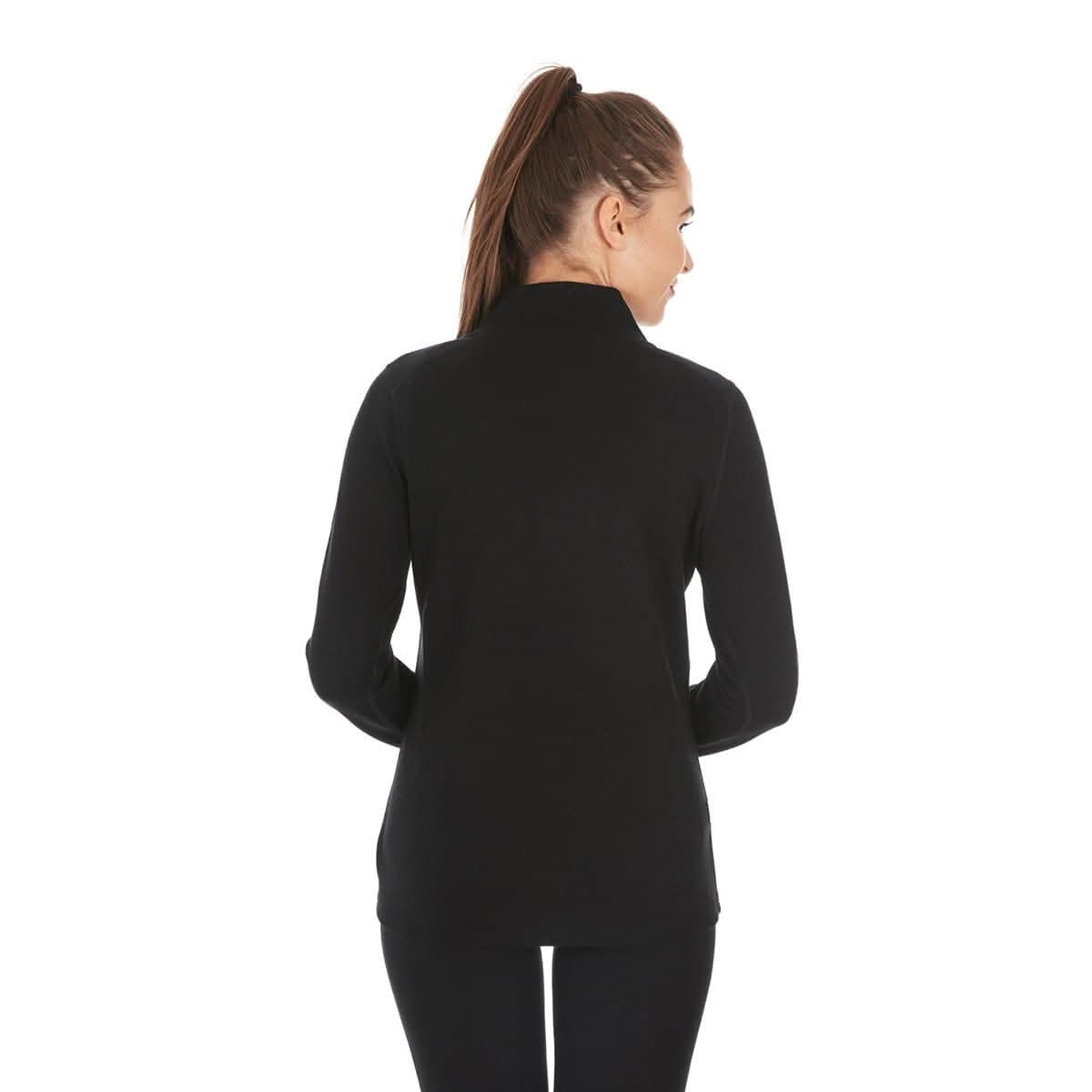Woman wearing black merino wool 1/4 zip pullover with chest pocket and thumbholes