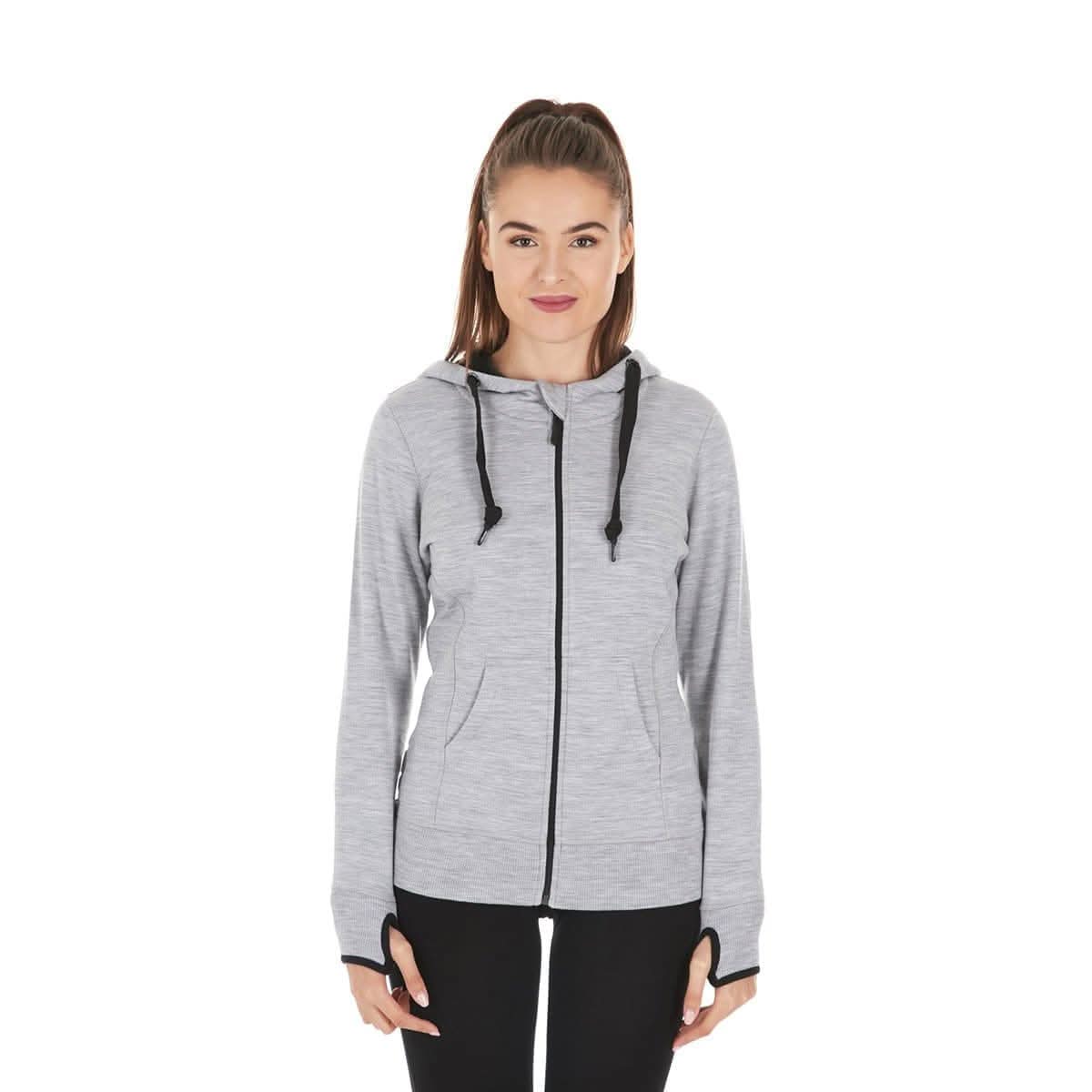 Ash gray heavyweight women's merino wool hoodie with thumbholes and large hood
