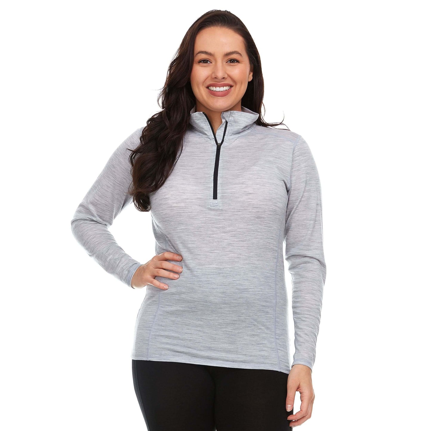 Minus33 Women’s Woolverino Microweight 1/4 Zip in ash gray with thumbholes and chest pocket