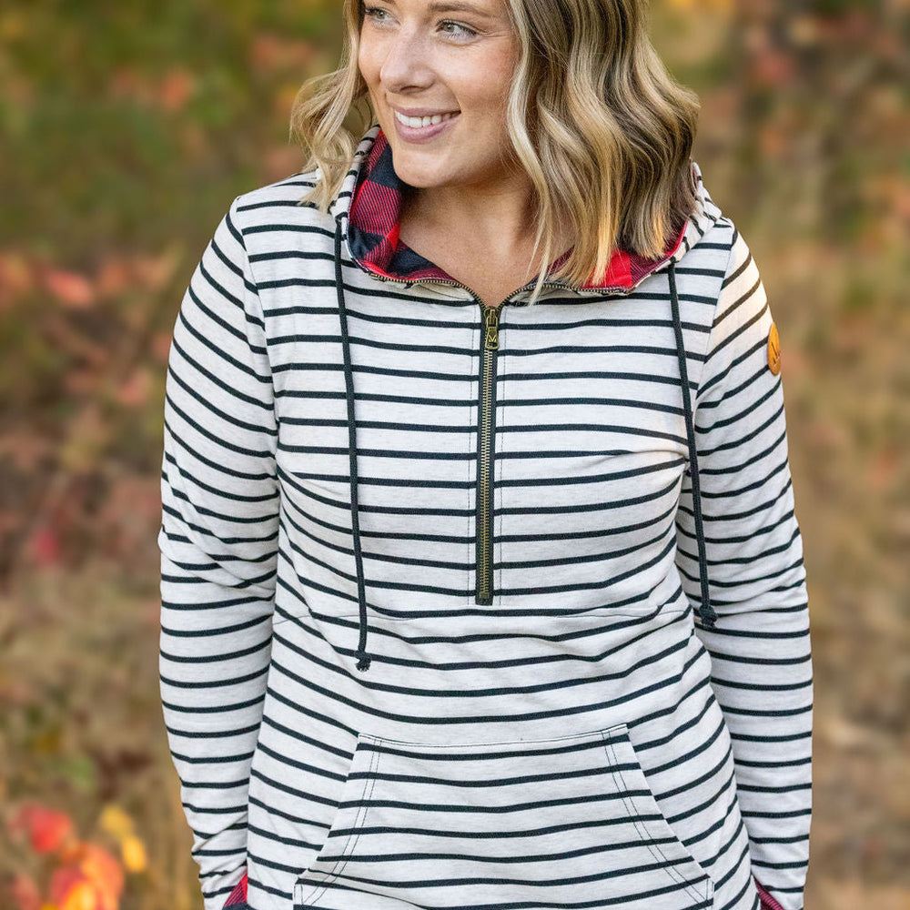 
                      
                        HalfZip Hoodie - Oatmeal Stripes and Buffalo Plaid
                      
                    