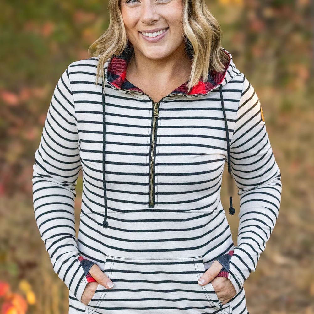 
                      
                        HalfZip Hoodie - Oatmeal Stripes and Buffalo Plaid
                      
                    