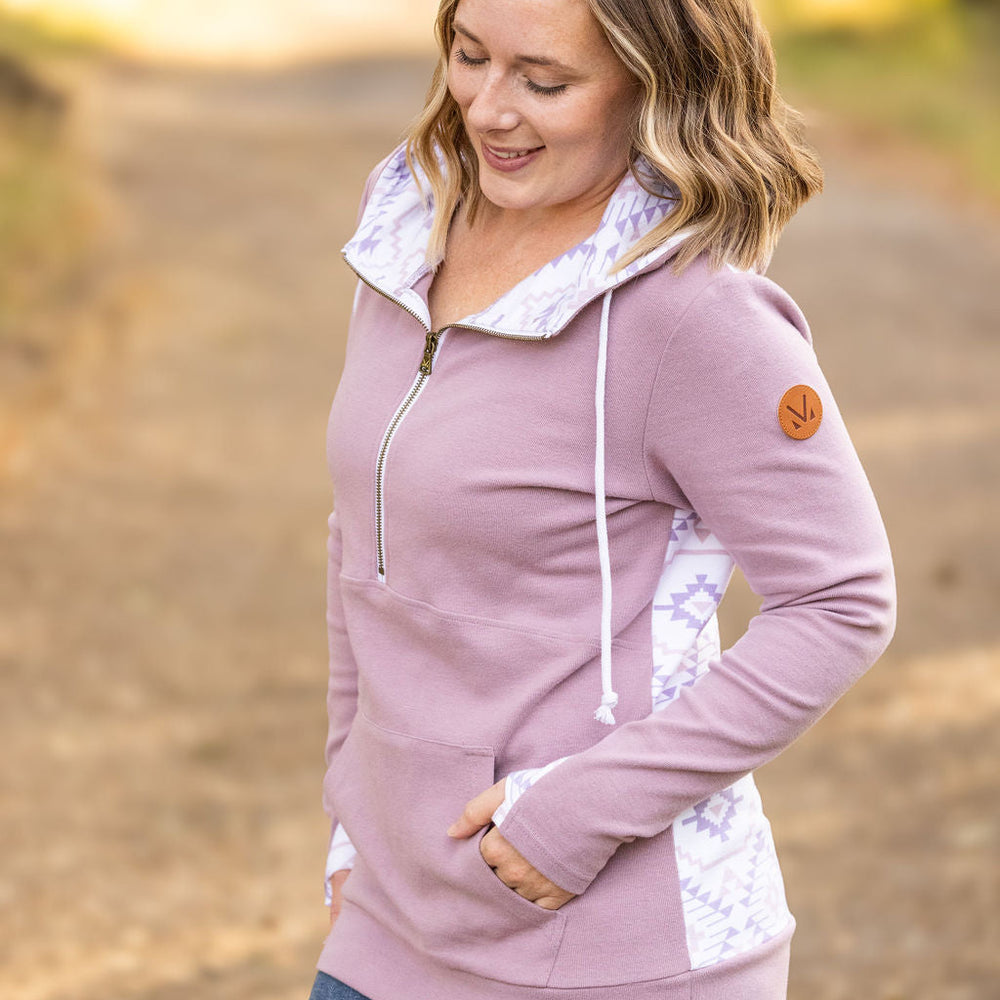 
                      
                        HalfZip Hoodie - Mauve and White Geometric
                      
                    