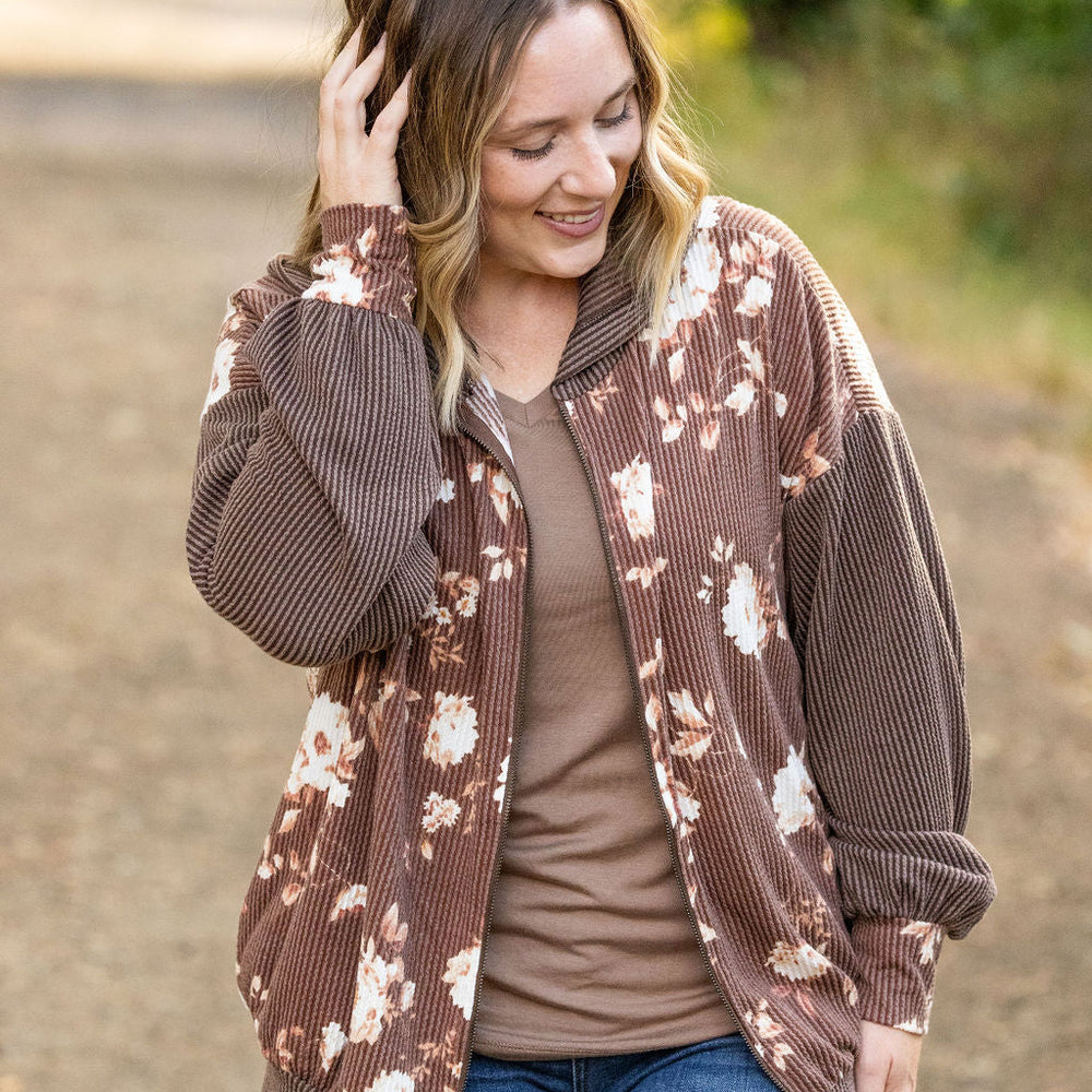 
                      
                        Ramona Ribbed Floral Zip Up - Brown
                      
                    