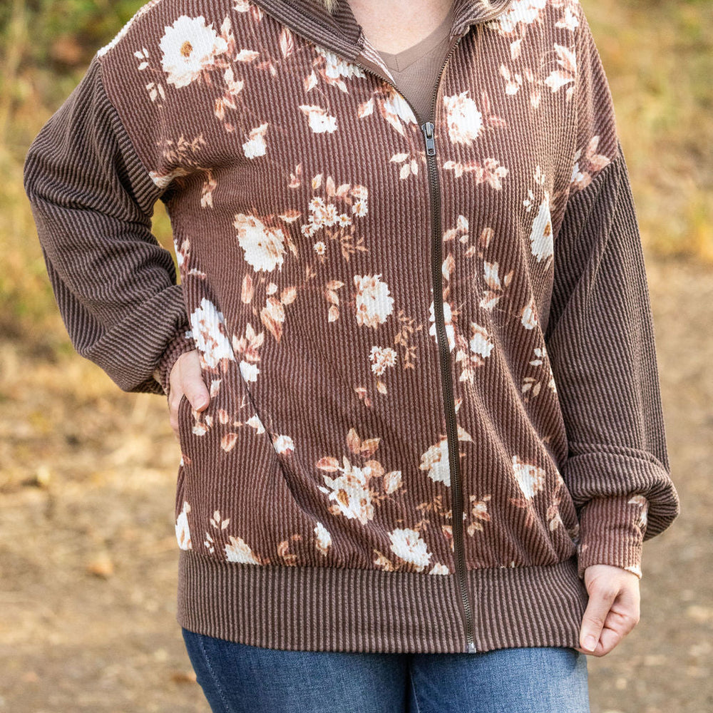 
                      
                        Ramona Ribbed Floral Zip Up - Brown
                      
                    