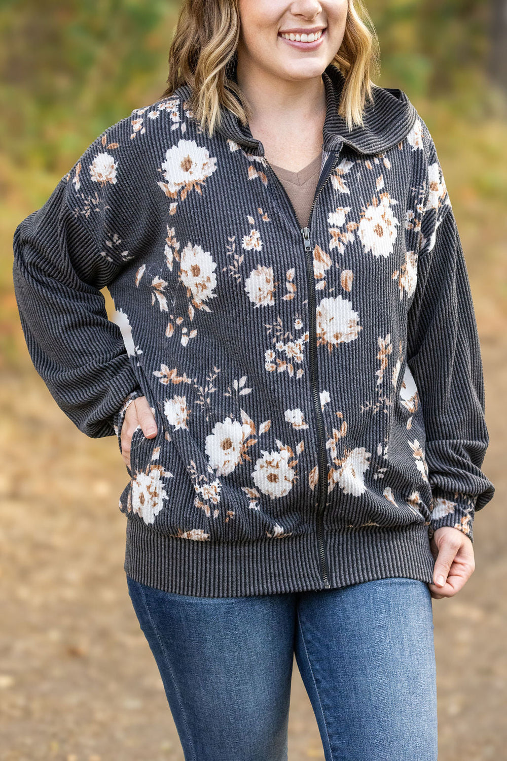 Ramona Ribbed Floral Zip Up - Black