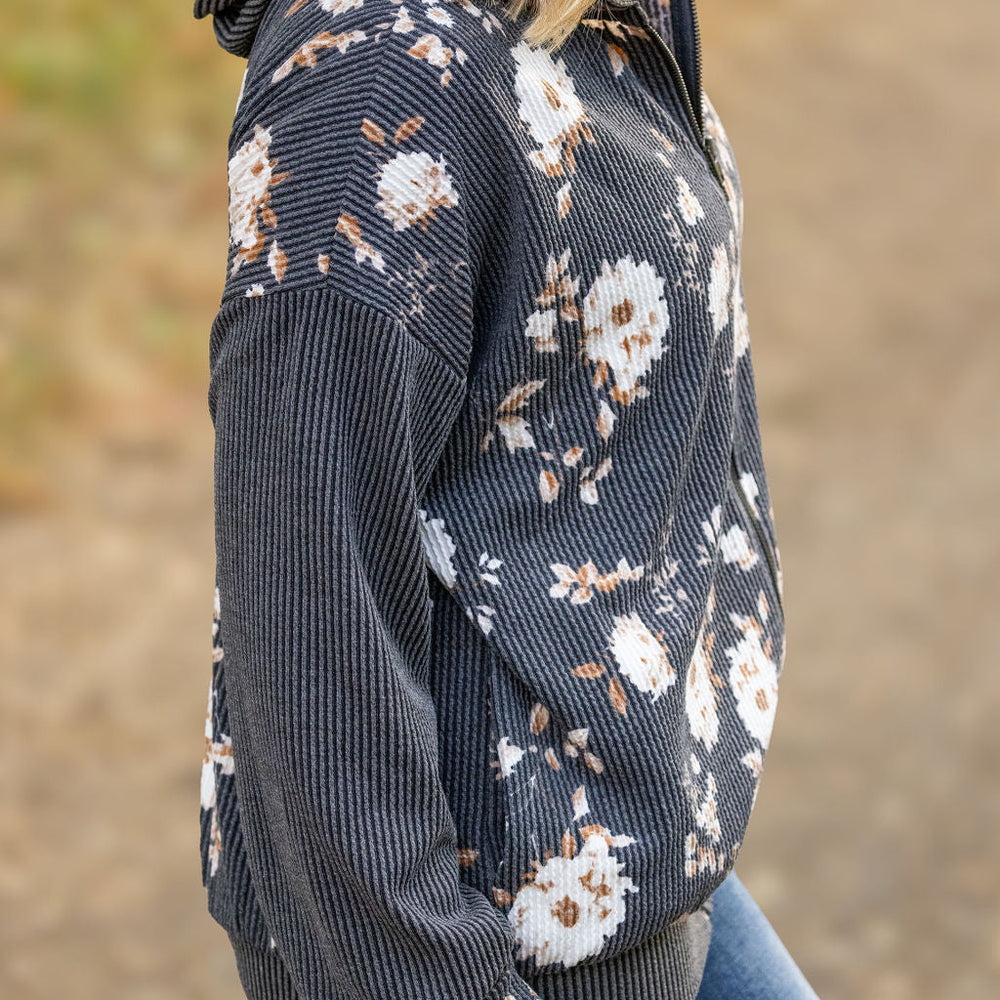 
                      
                        Ramona Ribbed Floral Zip Up - Black
                      
                    